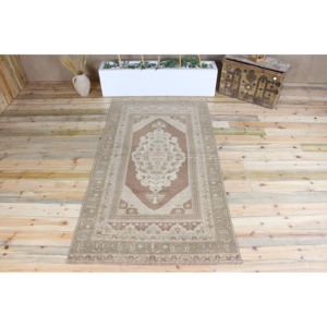 Vintage Turkish Rug Rug 4.3x7.9 ft (130x242 cm), <b>Brown</b> Geometric <b>Wool</b> Rug - Product Image 1