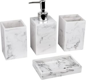 Juego de accesorios de baño de resina con aspecto de mármol, 5 uds., dispensador de jabón hecho a mano y soporte para cepillo de dientes con taza para cepillo de dientes a la venta - Product Image 1