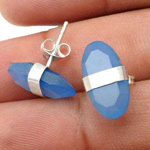 <b>Emerald</b> Cut Earring 925 Sterling Silver Natural Chalcedony Gemstone Oval Shape <b>Stud</b> Earrings Handmade Jewelry Wholesale Supplier - Product Image 5