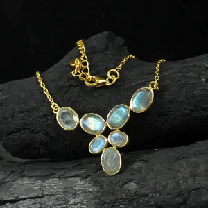 18K Gold Plated Pure 925 Sterling Silver Luxury Natural Labradorite Gemstone Studded Stone Chain Necklace For Women And Girls