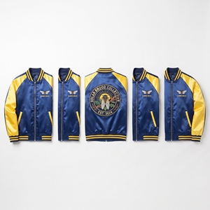 Wholesale Satin Bomber Jacket Royal Blue Yellow Cicada Insect Embroidered Varsity <b>Coat</b> Front Zip Outerwear Direct Factory - Product Image 1