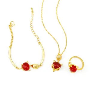 Traditionelle Vietnam Dubai Gold Tier Fox Halskette Armband Schmuck Set 3 teile/satz Ruby Jade Fox Halskette Set