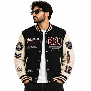 <b>Mens</b> Customizable Breathable 100% Wool Letter Graphic Varsity Bomber <b>Jacket</b> <b>Long</b> Sleeve Striped Trim Button Front Casual - Product Image 1