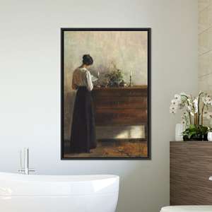 Arte de pared en lienzo impreso de realismo vintage, escena interior tranquila para decoración del hogar, con marco negro - Product Image 1