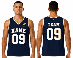 Camiseta de Baloncesto Personalizada para Hombre, Color Azul Marino, Cuello en V, Sin Mangas, Impresión Sublimada con Nombre y Número 09, Corte Regular, Tejido de Malla de Secado Rápido - Product Image 1