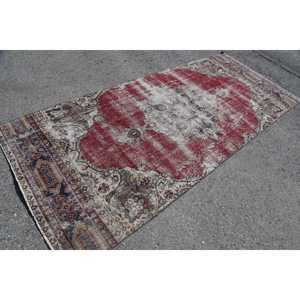 Vintage Turkish Rug, 4.3x9.9 ft Rug, <b>Red</b> Solid <b>Wool</b> Rug - Product Image 2