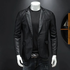 Men's New Slim Fit Moto Biker Leather Jacket Turn Collar PU Casual Motorcycle Coats in Black Outerwear Canvas Fabric - Product Image 3