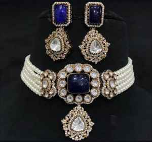 Fashionable Matt Gold Plated Polki Kundan Choker <b>Set</b> with Earrings Stylish <b>Jewellery</b> <b>for</b> <b>Wedding</b> and Anniversary Celebrations - Product Image 4