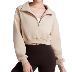 Cotton <b>Dropped</b> Shoulder Half Zip Sweatshirt High Quality Casual Oversize Crop Top Women's Pullover Sport Wear Sweatshirt - Product Image 2