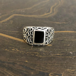 Designer Men's Platinum <b>Ring</b> Black Onyx <b>Garnet</b> 9.3 Grams Bezel Setting Inlay Dainty Style Rhodium Plated Everyday Wear Fine - Product Image 1