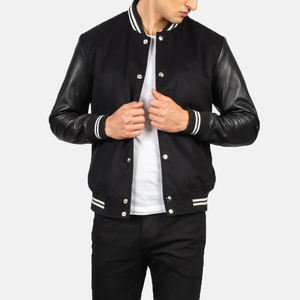 Vaxton Hybrid Varsity Jacket en satin rayé noir manches en cuir brodé col montant style vintage teint OEM pour l'hiver - Product Image 1