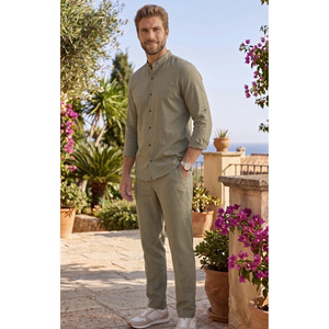 Ensemble chemise en lin vert kaki à col mandarin et pantalon à taille élastique pour homme - Product Image 6