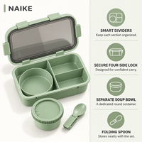 Boîte à lunch en paille de blé PP avec trois compartiments, bol à soupe, cuillère pliable et fermoirs sécurisés pour le bureau, l'école et la vente au détail