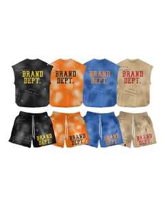 Streetwear personnalisé imprimé hommes brut ourlet coupé gilet Vintage acide lavage sans manches débardeur ensemble court cordon impression de détresse - Product Image 1