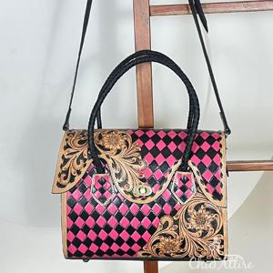 Elegante Bolso Tote de Cuero Vacuno Hecho a Mano por Diseñadores, Gran Capacidad con Patrón a Cuadros, Bolso de Hombro para Mujer - Product Image 1