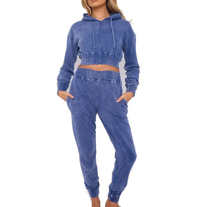 2 Piece <b>Set</b> Acid Wash Casual Tracksuit For Women Comfortable Custom Logo Women Acid Wash Tracksuit Wholesale - Product Image 2