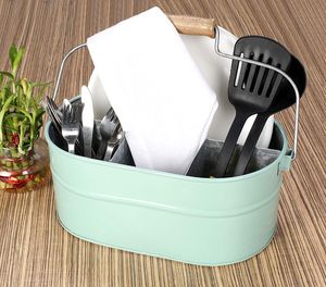 Galvanized caddy <b>utensil</b> <b>holder</b> <b>with</b> wooden handle for farmhouse style kitchens rustic parties outdoor serving - Product Image 2