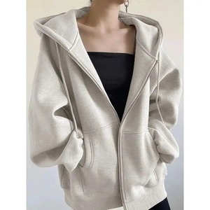 <b>Black</b> Hooded Cardigan Knitted Sweatshirt Women's Autumn Winter New Loose Casual Medium Length Fleece Zipper Versatile <b>Top</b> - Product Image 4