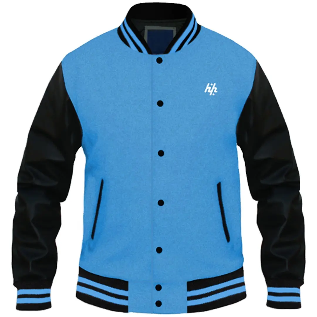 Custom New Columbia Blue And Genuine Leather Sleeves In Top Grain Black Varsity Jackets For Men's By Huzaifa Products