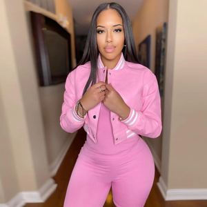 Primavera logotipo personalizado Jogger Crop Set mujer béisbol en blanco Varsity chaqueta mujer chándal Invierno 2 piezas conjuntos para mujeres - Product Image 3