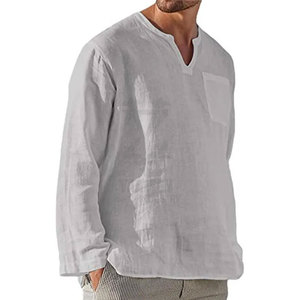 Camisas DE LINO DE PLAYA informales con cuello en V de manga larga para hombre, camisas de Jersey para hombre con ropa de calle de bolsillo - Product Image 2