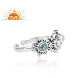 Best Selling <b>Oxidized</b> Sterling Silver Natural Pearl, Ethiopian Opal And Blue Topaz Gemstone Statement Ring Jewelry For Women - Product Image 4