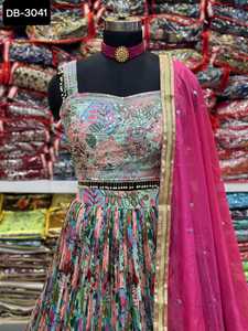 Ensemble Lehenga Choli indien en organza doux à motif numérique froissé pour les fêtes - Product Image 4