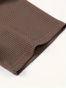 Men's Brown Waffle Knit Short Sleeve Polo Shirt With Zipper Casual Style Regular Fit Solid Color - Product Image 6