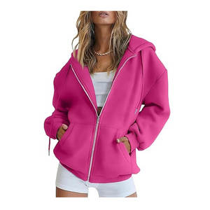 À la mode femmes imprimé couleur unie à manches longues à capuche veste lâche fermeture éclair décontracté sport Streetwear Design pour l'hiver - Product Image 1