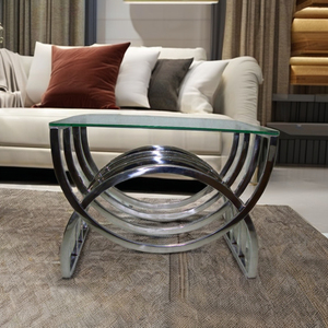 Table à café et à thé incurvée en acier inoxydable avec verre de 10 mm pour la décoration dans le bureau à domicile et les restaurants disponibles en plusieurs tailles - Product Image 1