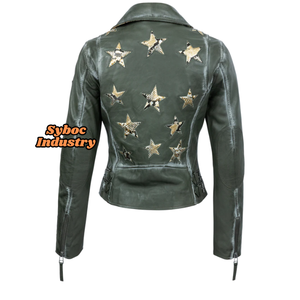 Chaqueta de motorista de cuero rojo para mujer Chaqueta de motorista de cuero vaquera de estilo occidental suave Napa para mujer - Product Image 3