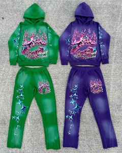 Conjunto de Sudadera y Pantalones Acampanados Vintage con Lavado Ácido Personalizado, Estampado Digital Ecológico, Tallas Grandes, Estilo Hip Hop, Ideal para Invierno - Product Image 1