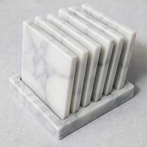 Travertine Marble <b>Coaster</b> Set With Holder White <b>Black</b> Stone Drink <b>Coasters</b> Custom Design - Product Image 1