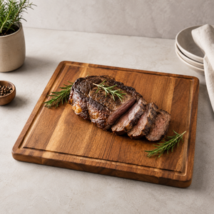 Planche à découper en bois d'acacia massif rectangulaire avec rainure pour les jus, pour la préparation et la découpe de viande et de légumes en cuisine - Product Image 6