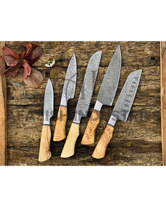 Juego de cuchillos de cocina de acero inoxidable de estilo japonés profesional al por mayor HOJA DE Damasco fruta impresa diseño mango de madera Pakka - Product Image 5