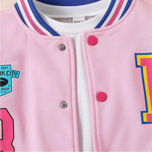 <b>Pink</b> White Varsity <b>Jacket</b> Women's Baseball Style Letter B Patch Design Full Sleeve Embroidered Stars Cotton Polyester Mix - Product Image 3