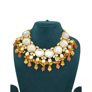 Conjunto de Collar Kundan Vintage Chapado en Oro Naranja y Amarillo, Joyería Fina para Novia a Base de Cobre con Piedra Monalisa para Bodas - Product Image 4