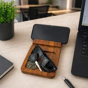 Organizador de Escritorio Ecológico de Madera con Soporte Móvil, Bandeja de Madera de Mango para Teléfono, Llaves y Accesorios, Apto para Lavavajillas - Product Image 4