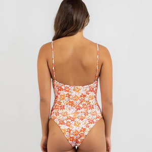Maillot de bain une pièce à imprimé floral pour femmes, orange, col rond, monokini d'été, vêtements de plage sexy - Product Image 4