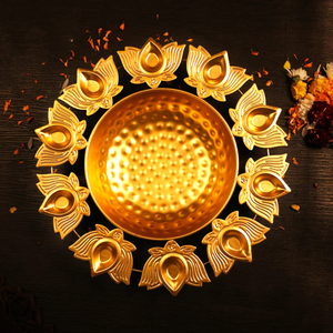 Traditional <b>Lotus</b> Design Iron Diya Urli Set 16 Inch Handmade Decorative Oil <b>Lamp</b> for Pooja Diwali & Festive Home Decor - Product Image 1