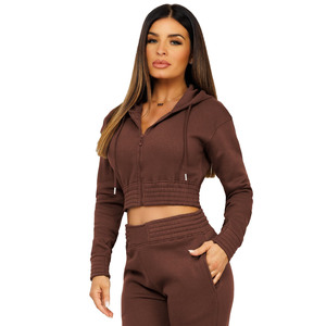 Sweat-shirts décontractés courts en tissu uni brun délavé pour femmes, sweat-shirts amples, pantalons de survêtement, ensembles de survêtement 2 pièces, logo personnalisé - Product Image 2