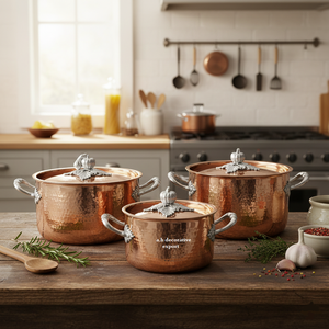 Ensemble de casseroles en métal de luxe martelé à la main, poignées en acier inoxydable, couvercles, 3 pièces, design écologique européen, pot de service décoratif - Product Image 1