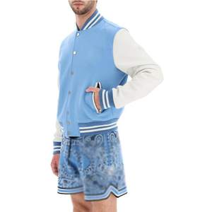 Veste de sport bleu clair pour homme avec manches blanches, style preppy, col rabattu, fermeture boutonnée, coupe classique, vêtement de printemps - Product Image 2