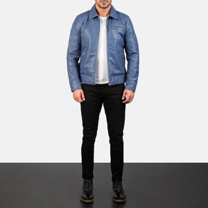 Chaqueta de Motociclista de Cuero Genuino Negro Clásica para Hombre, Cuello Camisero, Corte Ajustado, Largo Regular, Ropa de Invierno Impermeable - Product Image 1
