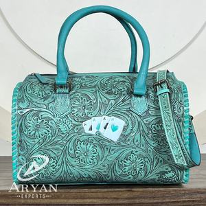 New Hand Tooled Leather Adjustable Speedy Duffel <b>Bag</b> Outdoor Activity Zipper Closure Card Design Genuine Cow Leather Duffle <b>Bags</b> - Product Image 1