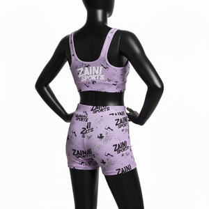 Conjunto de pantalones cortos de poliéster y spandex de 220 GSM de primera calidad, color lavanda y negro, con estampado por sublimación y logotipo personalizado para mujer, conjunto de pantalones cortos de algodón para mujer. - Product Image 5