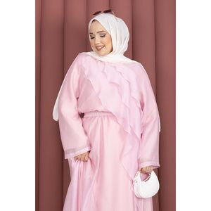 Ensemble 2 pièces en mousseline de soie avec jupe asymétrique à volants et haut sans col 100% lin pour le printemps/été Disponible en rose - Product Image 2