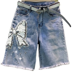 Summer Fashion Women's Embroidered Baggy Shorts Jeans <b>Sequins</b> butterfly Pearls High Waist Wide Leg Hem <b>Flare</b> Denim Jorts - Product Image 6