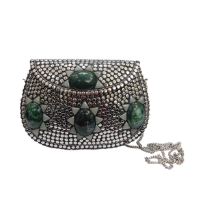 Bolsa con cordón de tela con ambroidry de piedra gris y verde para mujer Bolsa de terciopelo hecha a mano india con piedra verde y cremallera para mujer - Product Image 1