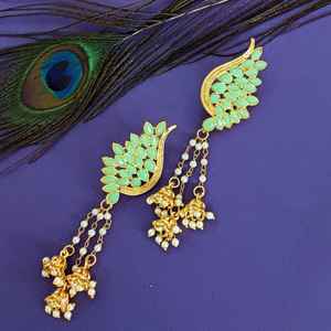 Indian Wholesaler Indian Jewelry Bollywood Gold Plated Crystal Tassel Jhumki Leaf Dangle <b>Earrings</b> Set for Women - Product Image 2